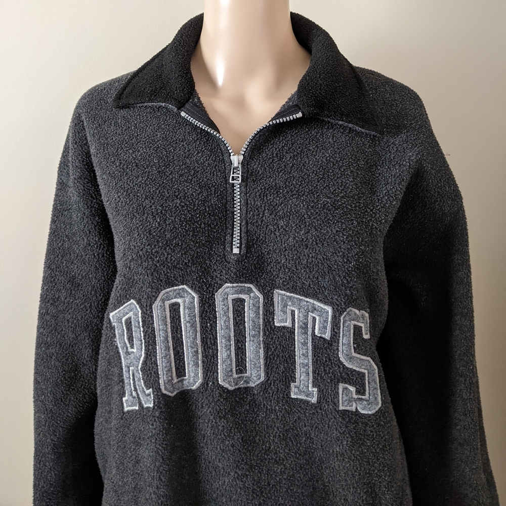 Vintage Roots Fleece Embroidered 1/4 ZipBlack Sweater, Men's Oversized Small - Picture 2 of 6